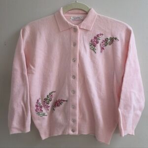 Vintage 1960's Pink Button Cardigan Lambswool Angora Floral Appliques